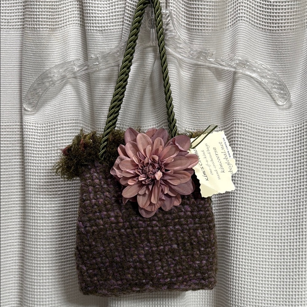 Handmade‎ NEW Crochet bag Cottage core Fairy flower Olive green/purple fantasy